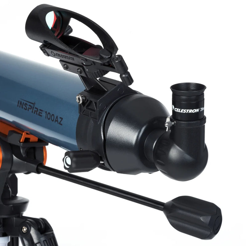 Celestron Inspire 100AZ refractor telescope with tripod, featuring a sleek design and adjustable mount for astronomy viewing.