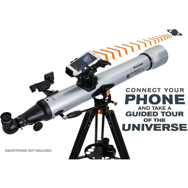 Celestron StarSense Explorer LT 80 refractor telescope with smartphone app, compact optical tube with eyepiece and mount.