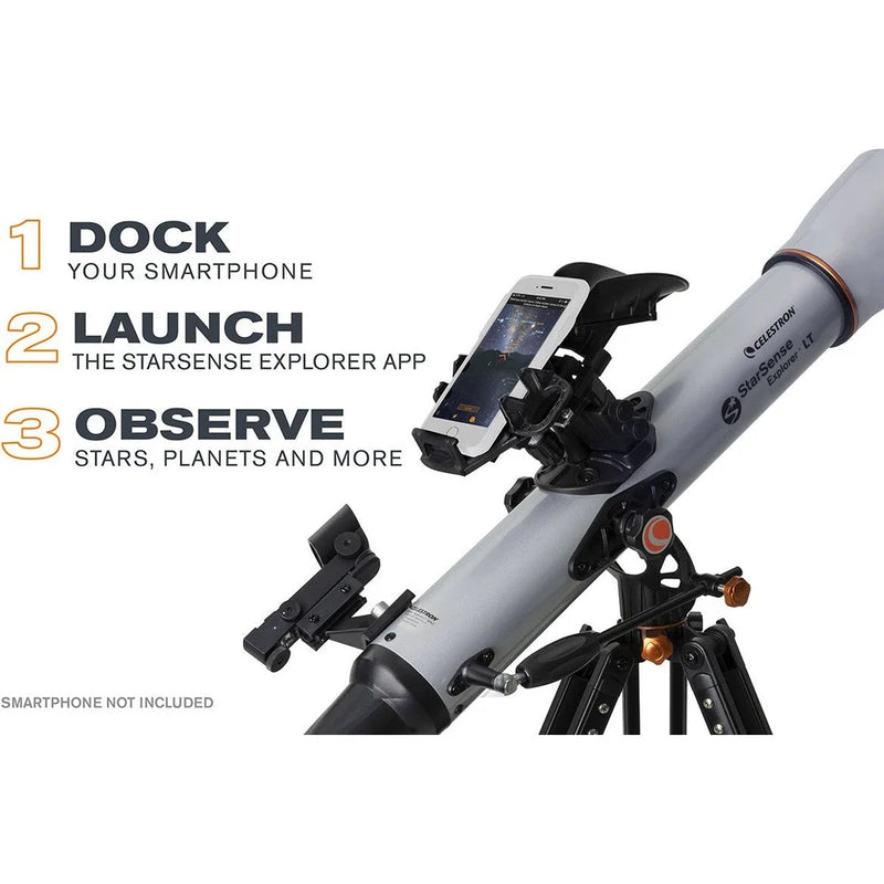 Celestron StarSense Explorer LT 80 refractor telescope with smartphone app, mounted on tripod for stargazing and astronomy.