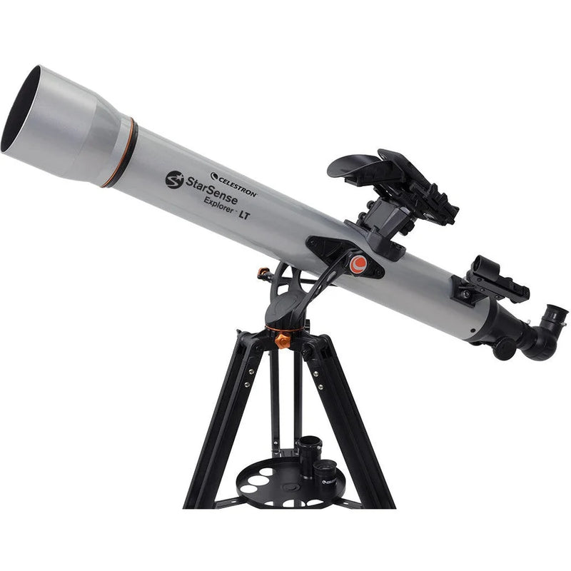 Celestron StarSense Explorer LT 80 refractor telescope with smartphone app attachment for stargazing and astronomical observation.