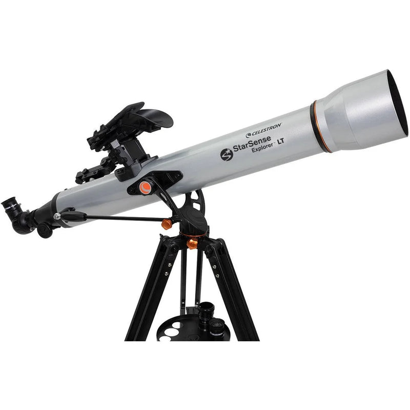 Celestron StarSense Explorer LT 80 refractor telescope with smartphone app, featuring a sleek optical tube and adjustable mount.