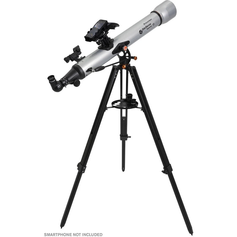 Celestron StarSense Explorer LT 80 refractor telescope with smartphone app, featuring a sleek optical tube and mounted on a sturdy tripod.
