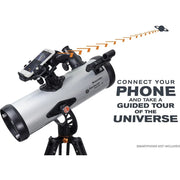 Celestron StarSense Explorer LT 114 reflector telescope with smartphone app, Newtonian design, mounted on a sturdy tripod.