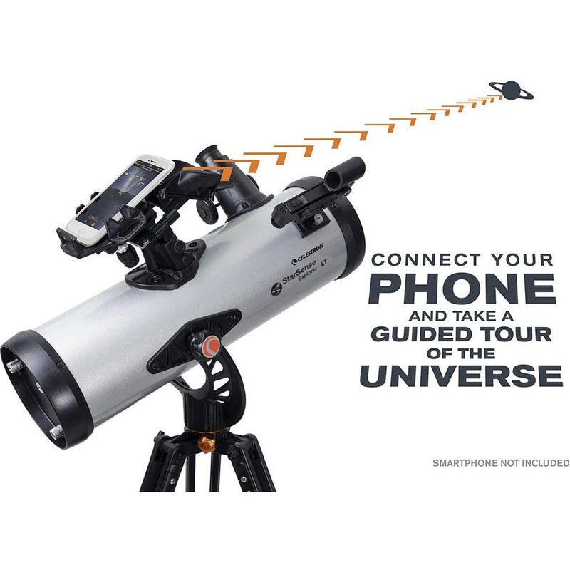 Celestron StarSense Explorer LT 114 reflector telescope with smartphone app, Newtonian design, mounted on a sturdy tripod.