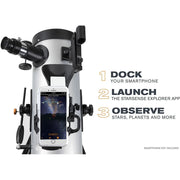 Celestron StarSense Explorer LT 114 reflector telescope with smartphone app, Newtonian design, mounted on tripod, ready for stargazing.