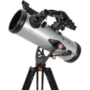 Celestron StarSense Explorer LT 114 reflector telescope with smartphone app attachment and Newtonian design, showcasing the optical tube.
