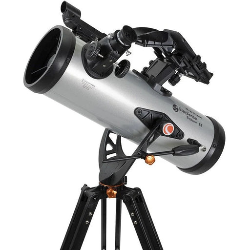 Celestron StarSense Explorer LT 114 reflector telescope with smartphone app attachment and Newtonian design, showcasing the optical tube.