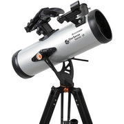Celestron StarSense Explorer LT 114 reflector telescope with smartphone app, Newtonian design, mounted on a stand in a viewing setting