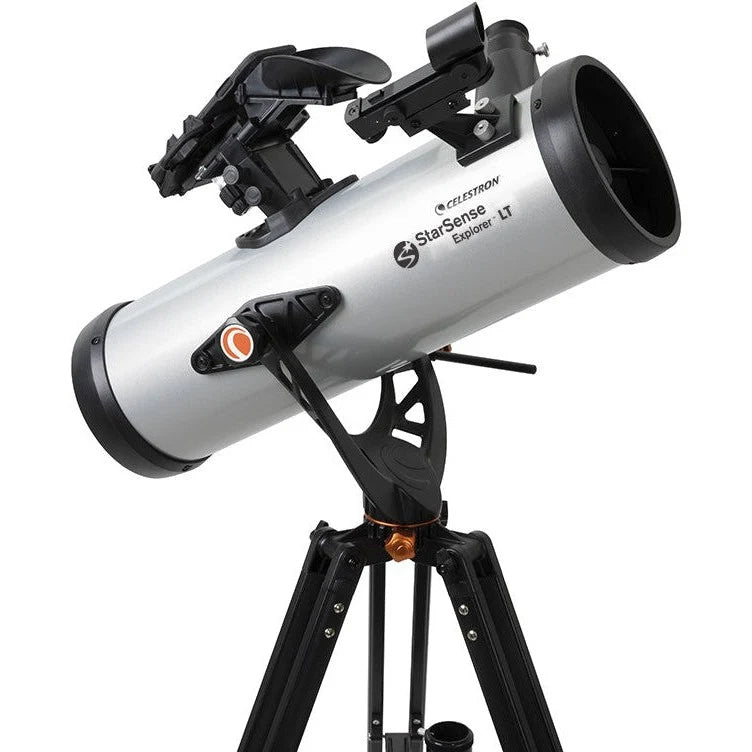 Celestron StarSense Explorer LT 114 reflector telescope with smartphone app, Newtonian design, mounted on a stand in a viewing setting