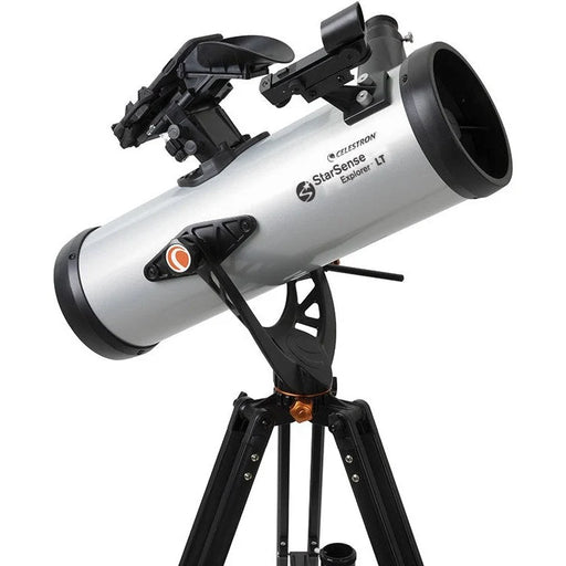 Celestron StarSense Explorer LT 114 reflector telescope with smartphone app, Newtonian design, mounted on a stand in a viewing setting