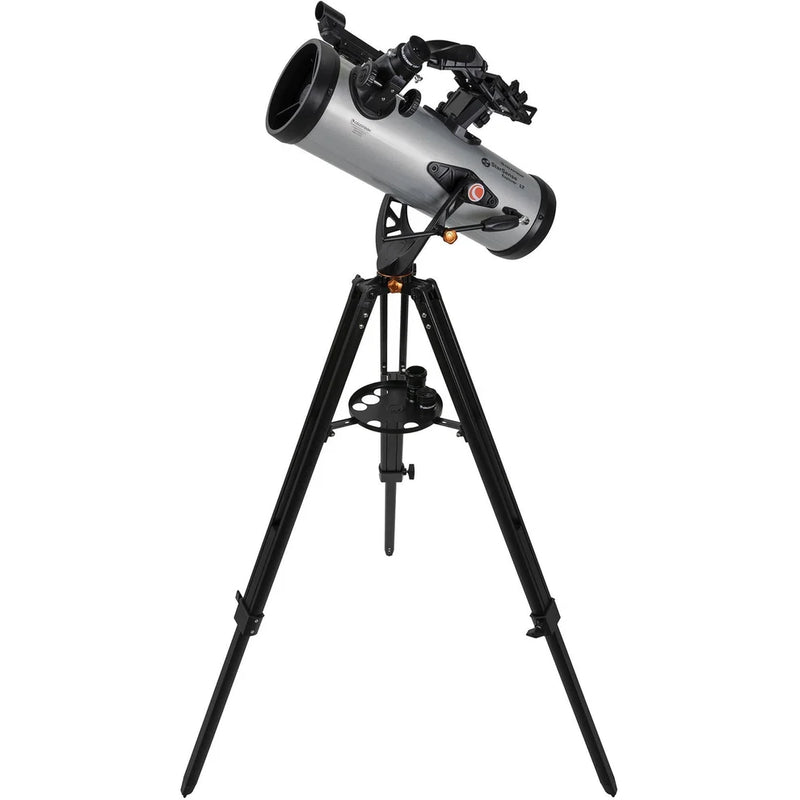 Celestron StarSense Explorer LT 114 reflector telescope with smartphone mount and app-enabled Newtonian design.