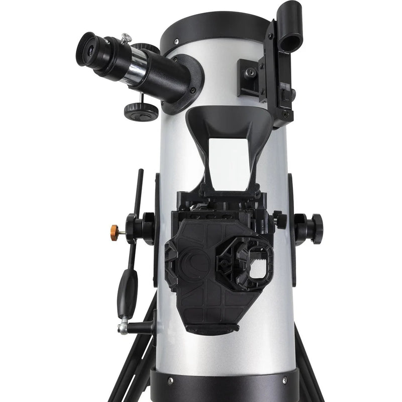 Celestron StarSense Explorer LT 114 reflector telescope with smartphone mount and optical tube for stargazing and astronomy.