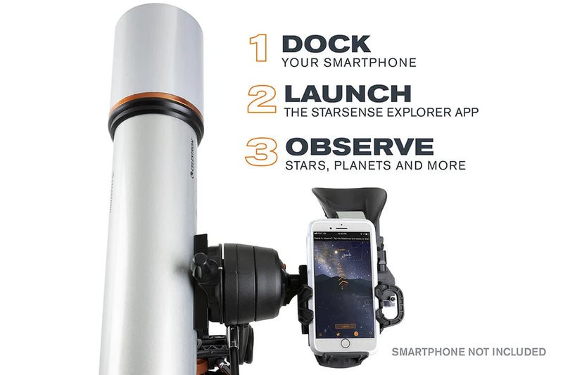 Celestron Starsense Explorer DX 102 Refractor telescope with mounted optical tube and accessories for stargazing.