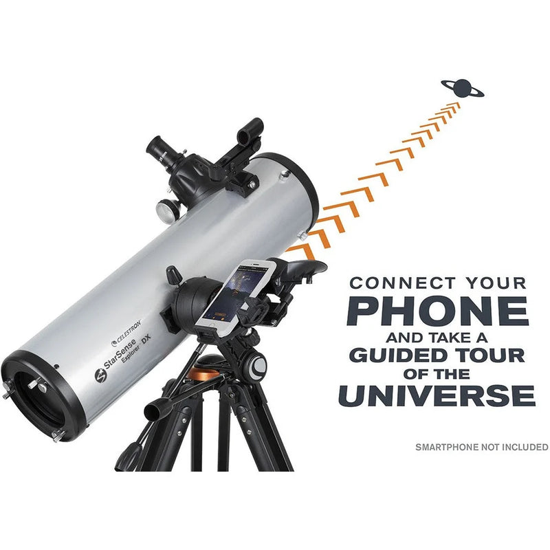 Celestron Starsense Explorer DX 130AZ reflector telescope with smartphone app, Newtonian design, black and silver body.
