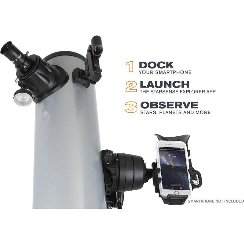 Celestron StarSense Explorer DX 130AZ reflector telescope with smartphone app, Newtonian design, mounted on an alt-azimuth tripod.