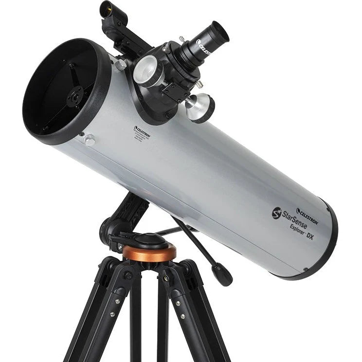 Celestron Starsense Explorer DX 130AZ reflector telescope with smartphone app, Newtonian design, mounted on an adjustable tripod.