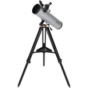 Celestron Starsense Explorer DX 130AZ reflector telescope with smartphone app, Newtonian design, silver finish, and adjustable tripod.