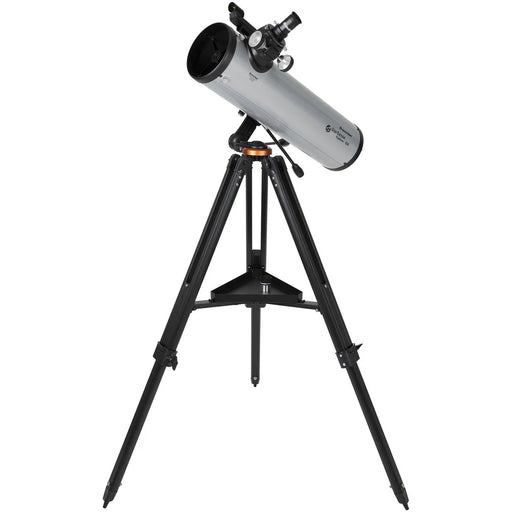 Celestron Starsense Explorer DX 130AZ reflector telescope with smartphone app, Newtonian design, silver finish, and adjustable tripod.