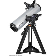 Celestron Starsense Explorer DX 130AZ reflector telescope with smartphone app, Newtonian design, mounted on an adjustable tripod.