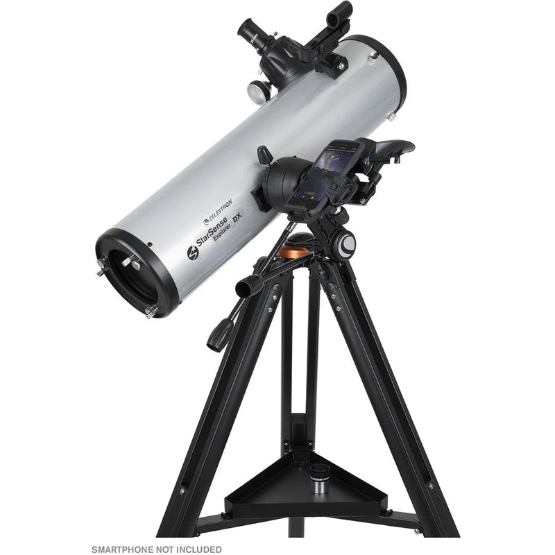 Celestron Starsense Explorer DX 130AZ reflector telescope with smartphone app, Newtonian design, mounted on an adjustable tripod.