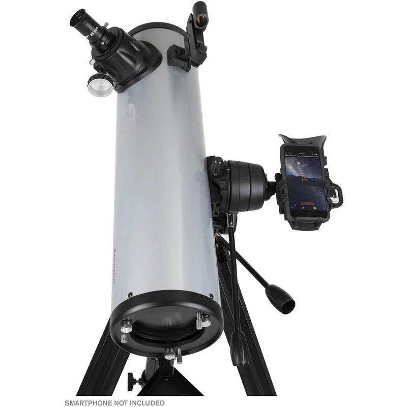 Celestron Starsense Explorer DX 130AZ reflector telescope with smartphone app, Newtonian design, on a mount with accessories visible.