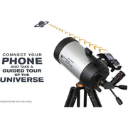 Celestron Starsense Explorer DX 5-inch SCT refractor telescope with smartphone app connectivity, displayed with accessories and mount