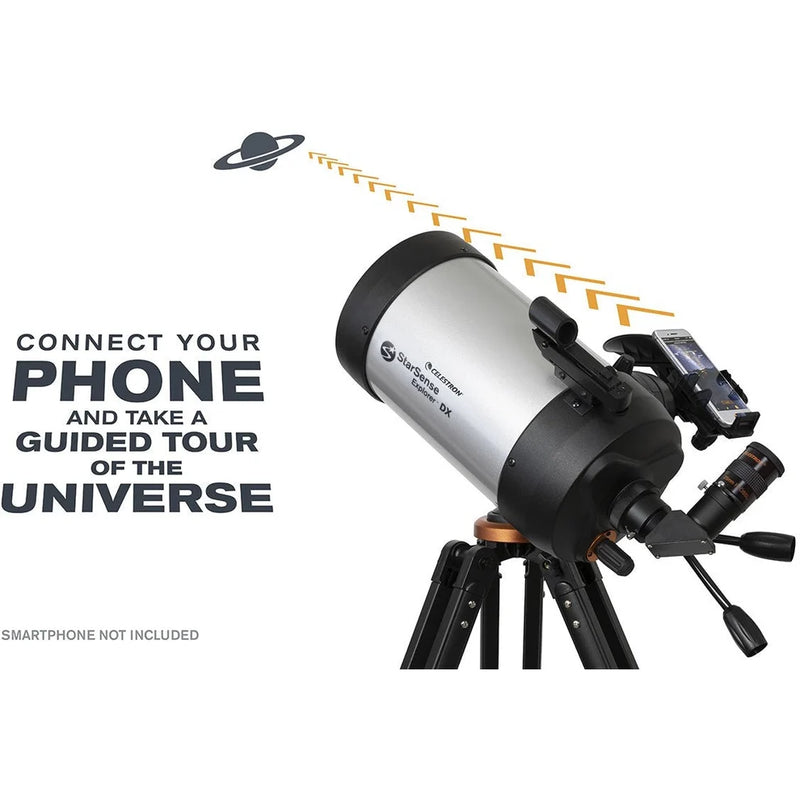Celestron Starsense Explorer DX 5-inch SCT refractor telescope with smartphone app connectivity, displayed with accessories and mount