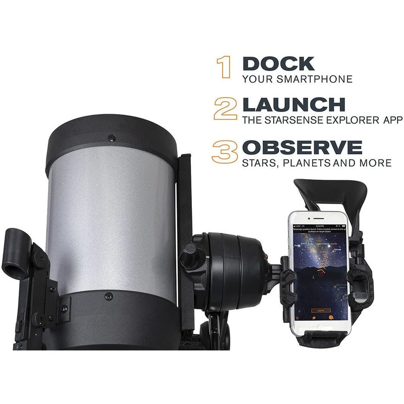 Celestron Starsense Explorer DX 5-inch SCT smartphone app-enabled telescope with refractor design and sturdy mount.