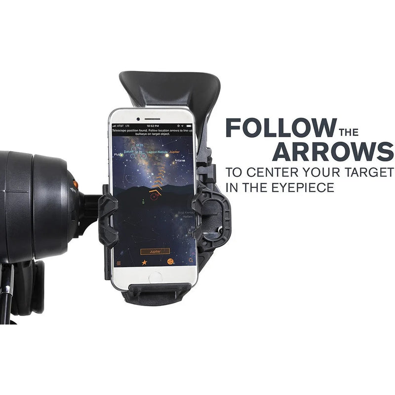 Celestron Starsense Explorer DX 5" SCT smartphone-enabled refractor telescope with smartphone mount and optical tube.