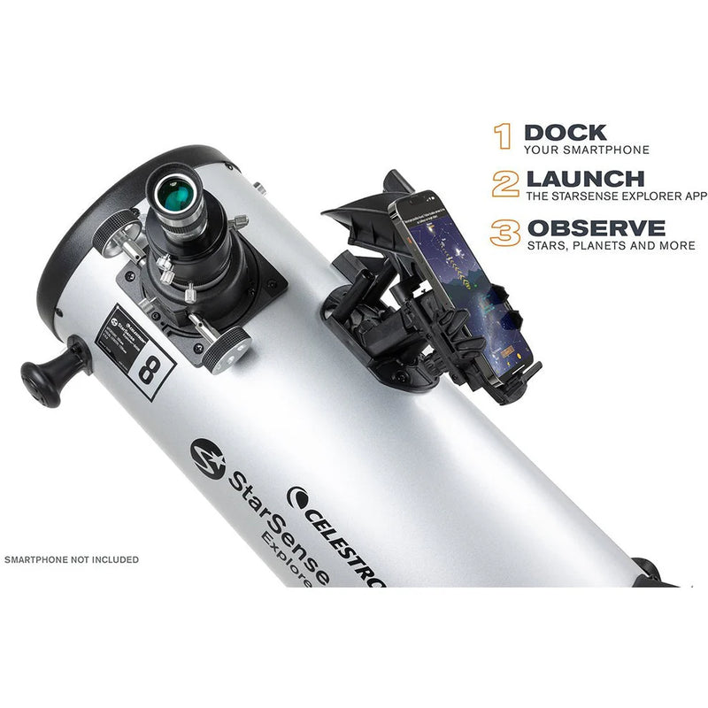 Celestron StarSense Explorer 8-inch Dobsonian telescope with smartphone app, mounted on a sturdy Dobsonian base for stargazing.