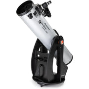 Celestron StarSense Explorer 8-inch Dobsonian telescope with smartphone app, showing the telescope and smartphone mounted for stargazing.