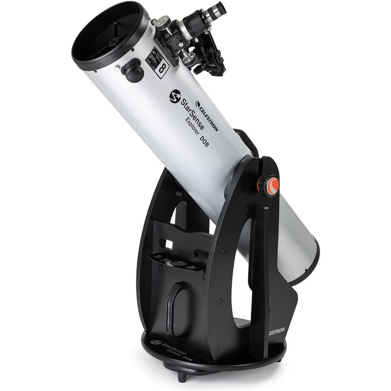Celestron StarSense Explorer 8-inch Dobsonian telescope with smartphone app, showing the telescope and smartphone mounted for stargazing.