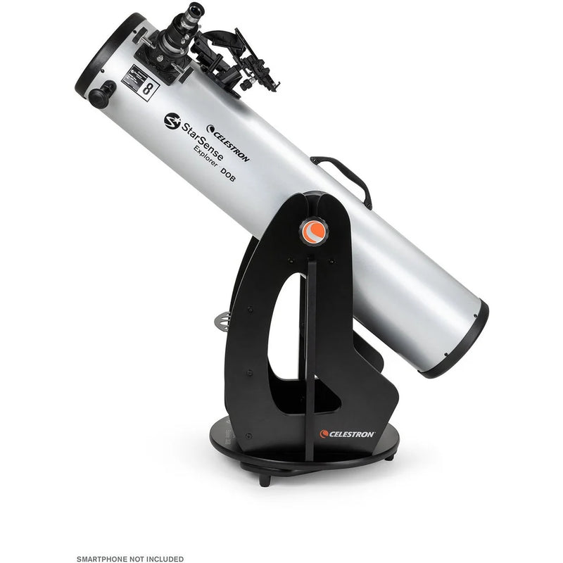 Celestron StarSense Explorer 8-inch Dobsonian telescope with smartphone app, featuring a sturdy mount and optical tube for stargazing.
