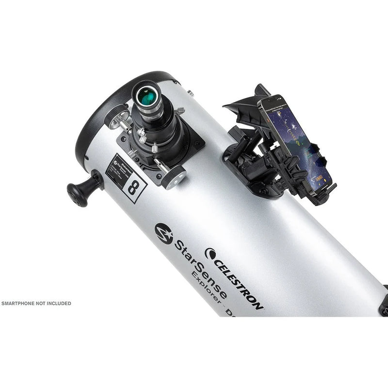Celestron StarSense Explorer 8-inch Dobsonian telescope with smartphone app, featuring a sturdy mount and optical tube for astronomical viewing.