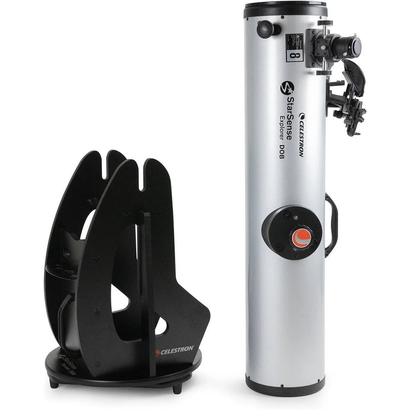 Celestron StarSense Explorer 8-inch Dobsonian telescope with smartphone app, featuring a sturdy optical tube and mount for stargazing.