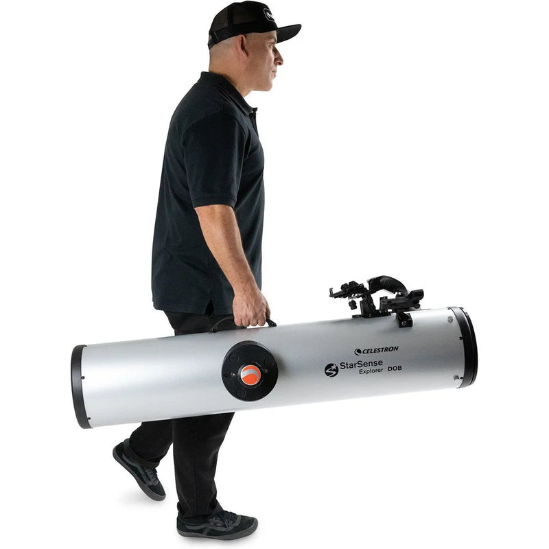 Celestron StarSense Explorer 8-inch Dobsonian telescope with smartphone app, featuring a large optical tube and sturdy mount.