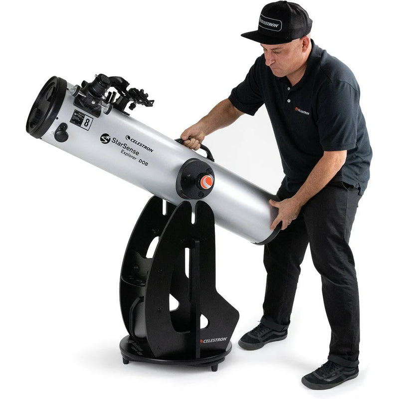 Celestron StarSense Explorer 8-inch Dobsonian telescope with smartphone mount and app interface for easy star gazing.