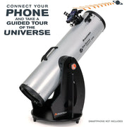 Celestron StarSense Explorer 10-inch Dobsonian telescope with smartphone app, featuring large optical tube and sturdy mount.
