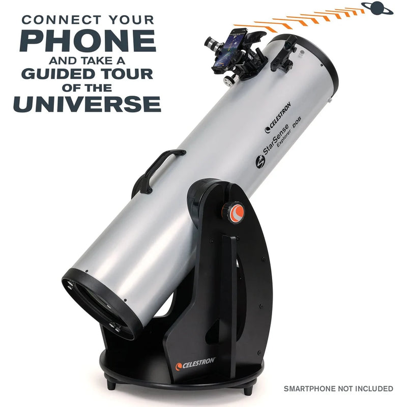 Celestron StarSense Explorer 10-inch Dobsonian telescope with smartphone app, featuring large optical tube and sturdy mount.