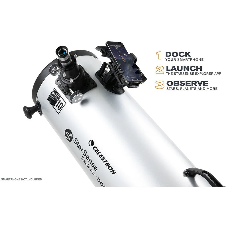 Celestron StarSense Explorer 10-inch Dobsonian telescope with smartphone app for star tracking and celestial viewing.