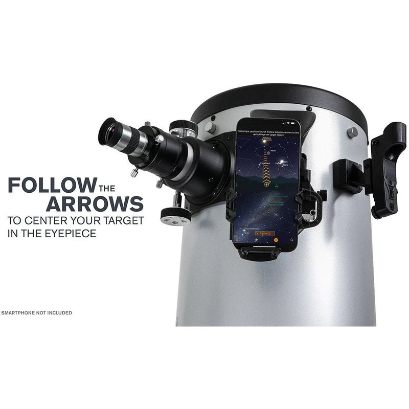 Celestron StarSense Explorer 10-inch Dobsonian telescope with smartphone app, mounted on a sturdy base for stargazing.