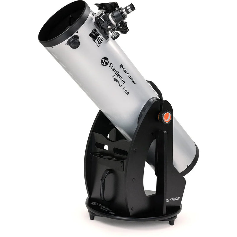 Celestron StarSense Explorer 10-inch Dobsonian telescope with smartphone app, mounted on a sturdy base for astronomical viewing.