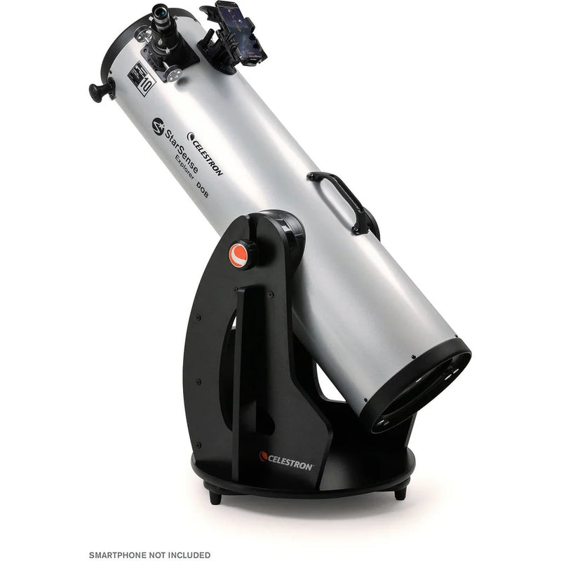 Celestron StarSense Explorer 10-inch Dobsonian telescope with smartphone app, displayed on a sturdy mount for stargazing.