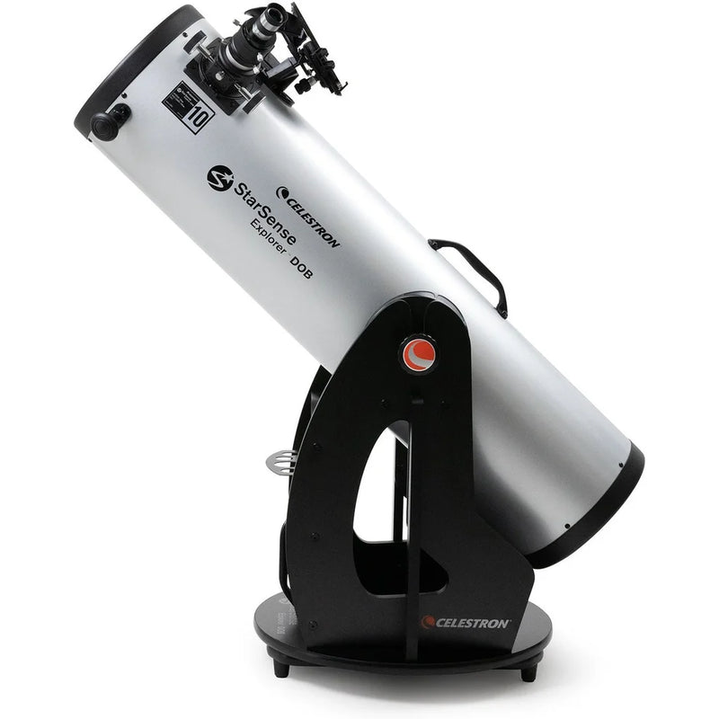 Celestron StarSense Explorer 10-inch Dobsonian telescope with smartphone app, showing the telescope setup and optical tube.