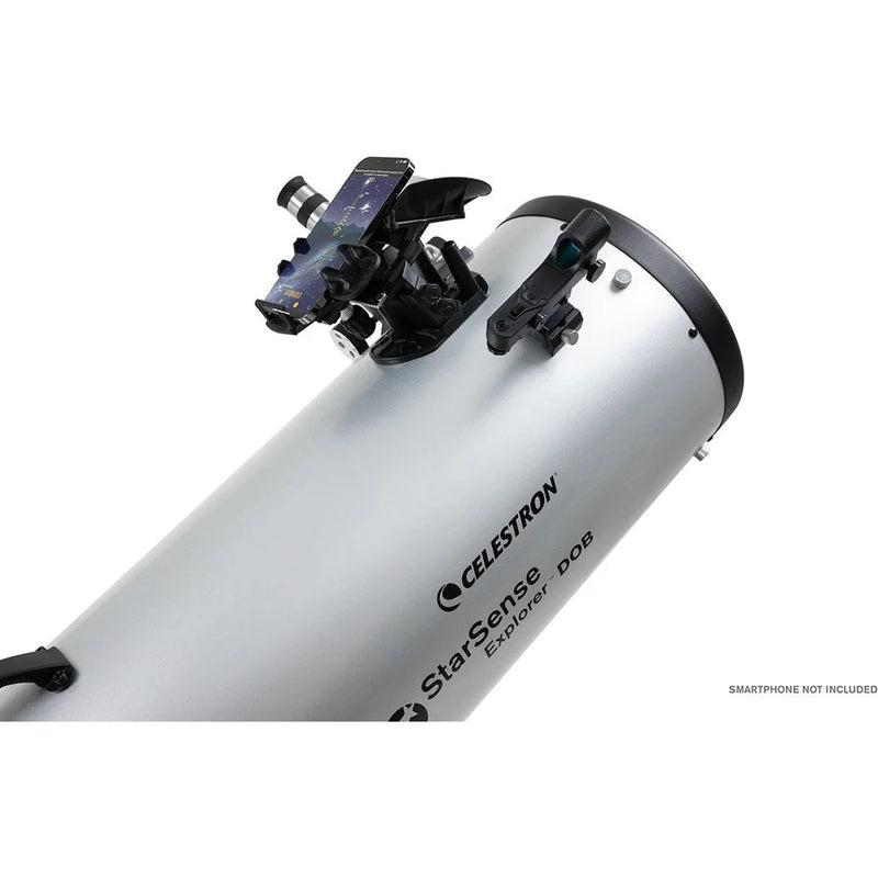 Celestron StarSense Explorer 10-inch Dobsonian telescope with smartphone app, mounted on a sturdy base for stargazing.