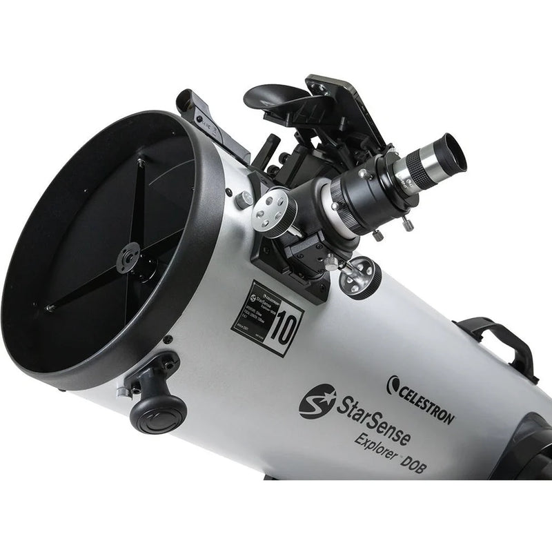 Celestron StarSense Explorer 10-inch Dobsonian telescope with smartphone app, featuring a large optical tube and sturdy base.
