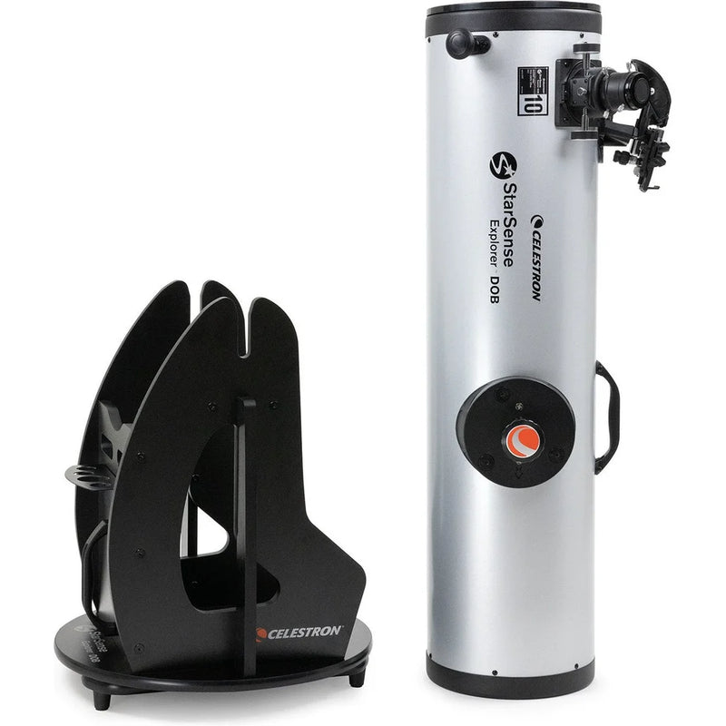 Celestron StarSense Explorer 10-inch Dobsonian telescope with smartphone app, showcasing the telescope's large optical tube and mount.