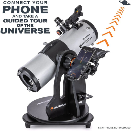 Celestron StarSense Explorer 114mm tabletop Dobsonian telescope with smartphone app for easy stargazing and celestial observations.