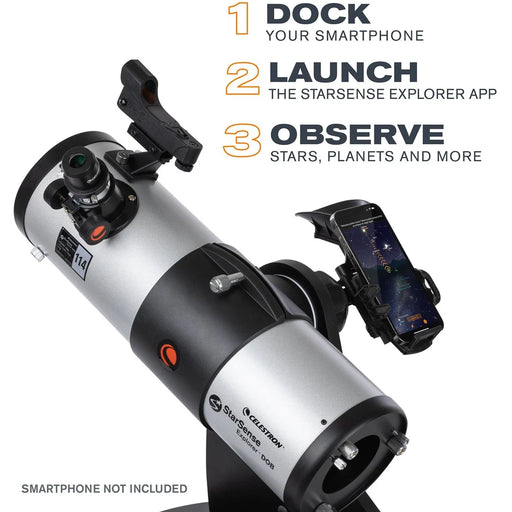 Celestron StarSense Explorer 114mm tabletop Dobsonian telescope with smartphone app for stargazing and celestial observation.