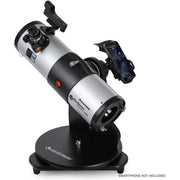 Celestron StarSense Explorer 114mm tabletop Dobsonian telescope with smartphone app, mounted on a wooden base for stargazing.